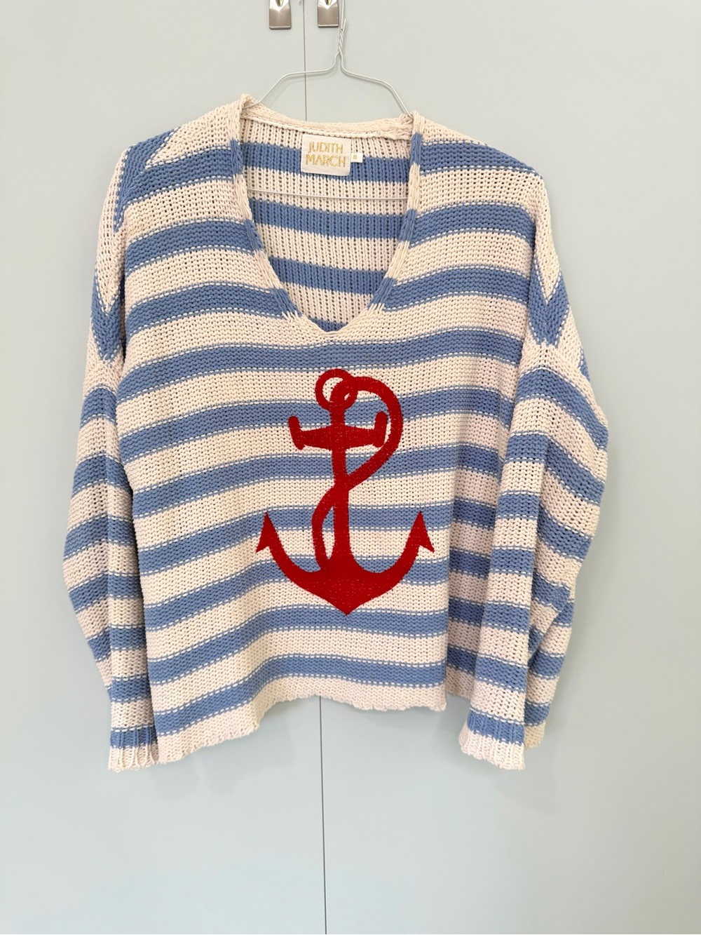 JUDITH MARCH Sail My Way Embroidered Anchor Striped Chenille Sweater - Picture 3 of 9